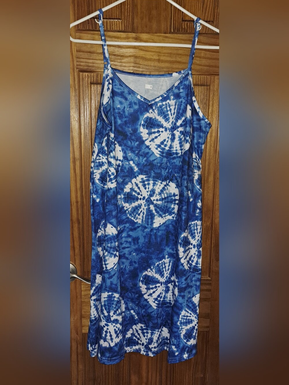 Women's Boho Blue Tie-Dye Print Cotton/ Polyester Spaghetti Strap Midi Dress